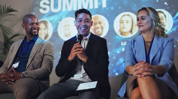 Conference, speech and keynote speaker with business people and technology for networking, industry panel and summit. Convention, stage and ai ethics with seminar for audience, event showcase or news