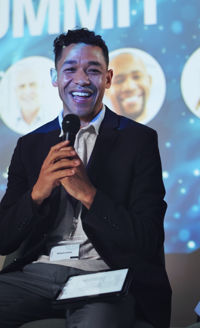 Conference, speech and keynote speaker with business people and technology for networking, industry panel and summit. Convention, stage and ai ethics with seminar for audience, event showcase or news