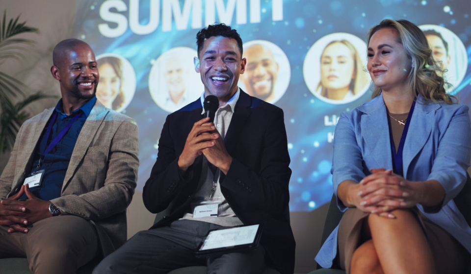 Conference, speech and keynote speaker with business people and technology for networking, industry panel and summit. Convention, stage and ai ethics with seminar for audience, event showcase or news